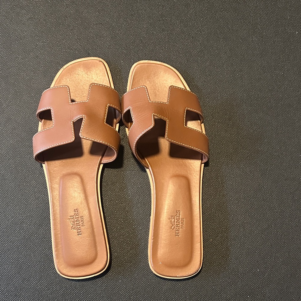 Hermes Tan Brown H-Cut Leather Slide Sandals